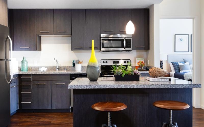 a kitchen with black cabinets
